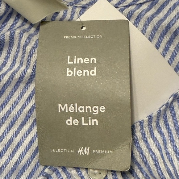 H & M Linen Blend Premium Selection Blue Striped Puff Sleeve Blouse NWT S - Picture 5 of 11